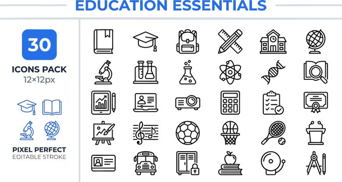 Academic Study and Online Learning outline icon set. Featuring textbook, diploma, atom, calculator, and laboratory symbols. Editable stroke vector icons for digital course and university portal.