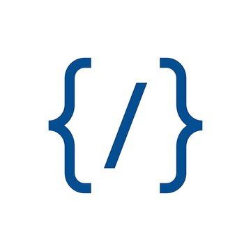 Abstract blue coding brackets symbol with a diagonal slash for programming white background 