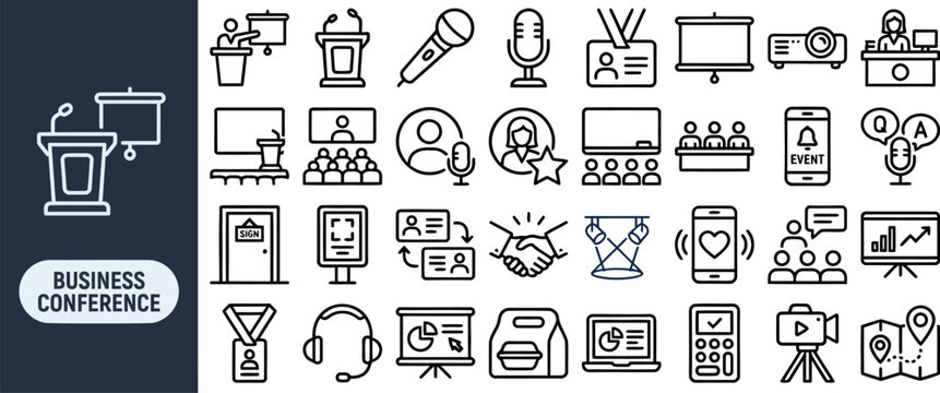 Seminar Workshop and Training Session outline icon set. Featuring lectern, whiteboard, attendee chair, breakout group, and Q board symbols. Editable stroke vector icons for webinar online summit.