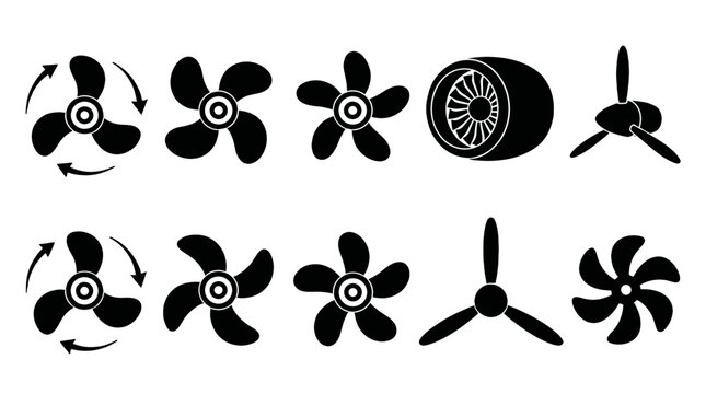 Black fan and propeller icon set with turbine silhouettes