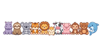 Fototapeta premium Cute cartoon animal lineup with farm and wild characters