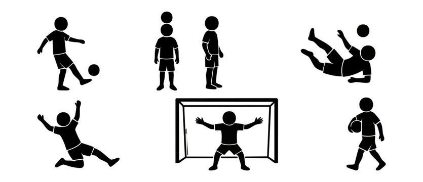 Soccer player silhouette icons set showing football athletes training, kicking, scoring, defending, goalkeeper in goal, slide tackle, and head butt actions on isolated white background for web design.