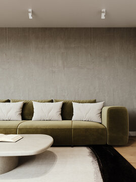 Modern interior design of living room with green sofa and empty concrete wall background. 3D Rendering, 3D Illustration