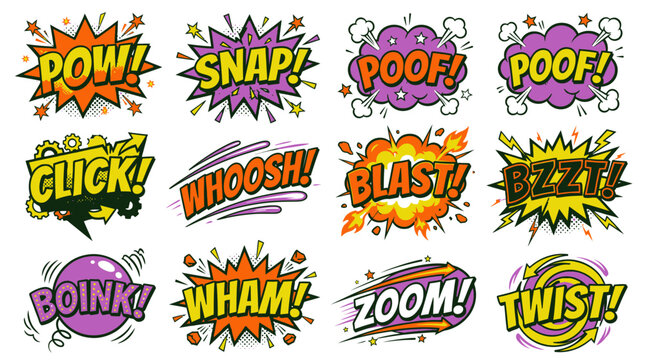 Retro comic book sound bubbles with blast and poof effects.