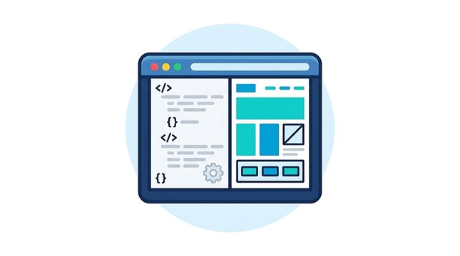 Website coding screen icon vector with code and layout design elements, icon on white background