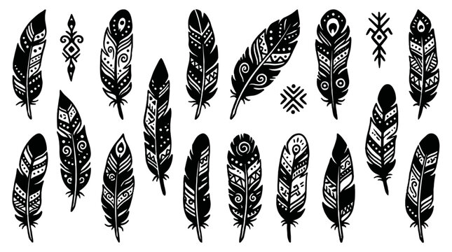Set of decorative black feather silhouettes with tribal patterns