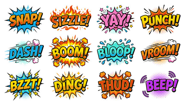 Retro comic book onomatopoeia word bubbles with halftone.