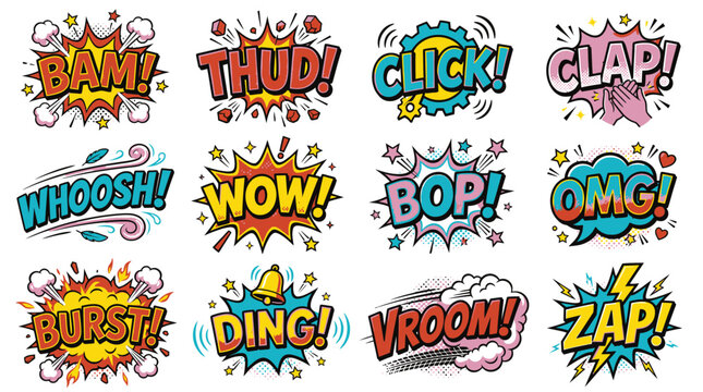 Pop art style sound effect bubbles with bam thud click.