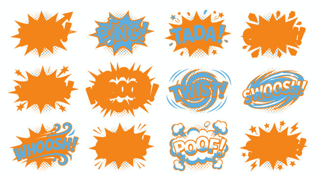 Orange comic book action bursts and speech bubbles set