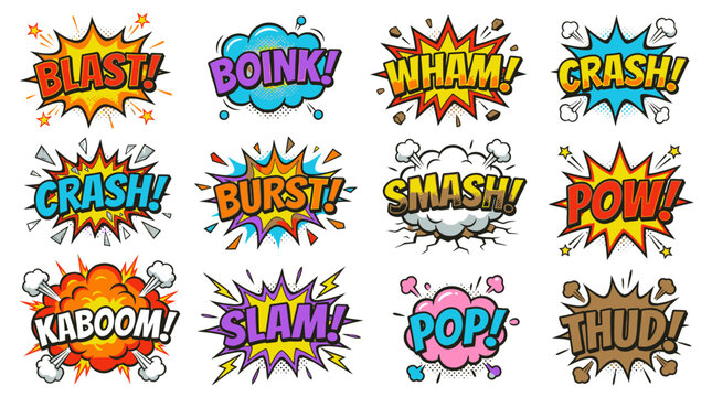 Powerful comic sound effects with blast and kaboom bubbles.