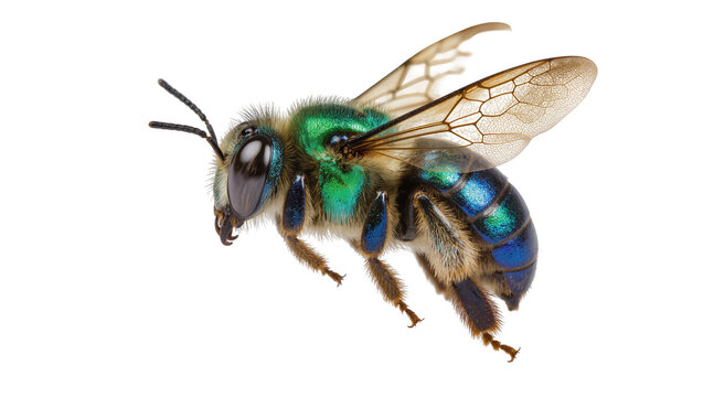 Metallic green and blue bee with wings flying