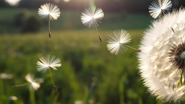 Fluffy Dandelion Seeds Carried by the Wind