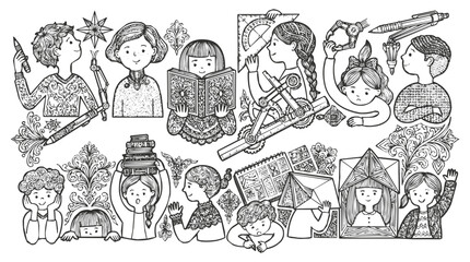 Obraz premium Intricate Education Doodle Illustration Featuring Children Engaged in Learning and Creative Scientific Discovery