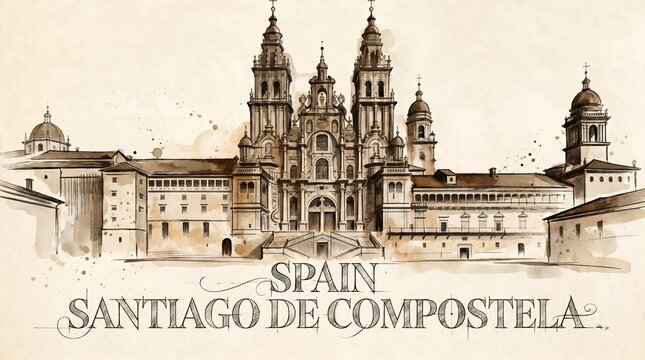 Artistic Watercolor Sketch of the Magnificent Santiago de Compostela Cathedral Facade with Text