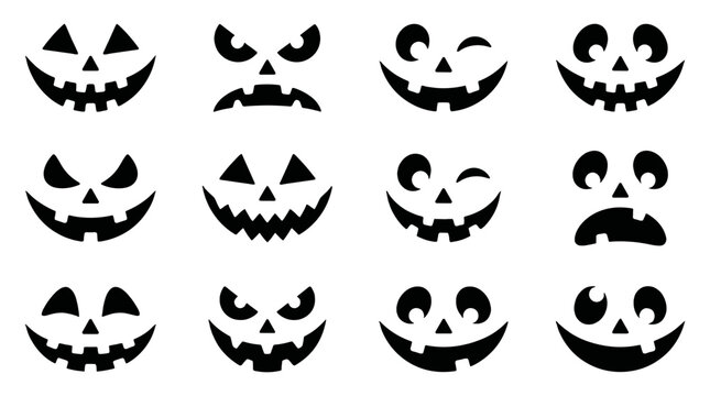 Set of black pumpkin face silhouettes with different expressions