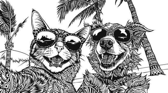 Cool Cat and Dog wearing Sunglasses on a Tropical Beach Summer Vacation, Intricate Black and White Line Art Illustration of Happy Pets