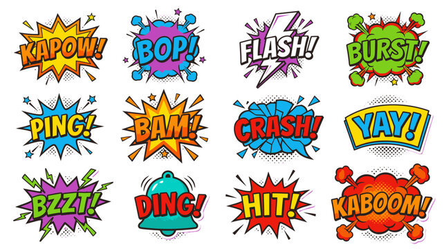 Primary colored comic sound bubbles like KAPOW and CRASH.