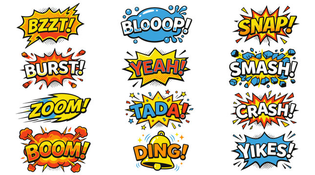 Retro comic book sound effect bubbles with explosive text.