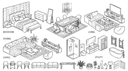 Naklejka premium Sketch - Large Collection of Hand Drawn Furniture and Interior Design Sketches in Isometric Layout for Home Decor and Architectural Planning