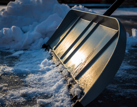 Metal snow pusher with Teflon coating and wet snow nearby in winter setting