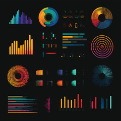 Fototapeta premium Neon infographic elements, colorful data visualization icons, 25 gradient charts and graphs, vibrant business analytics symbols