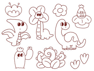 Cute dinosaur doodle vector set. Kawaii dino line art elements for coloring book, stickers, and kids design. Isolated on white background. © Nattapol
