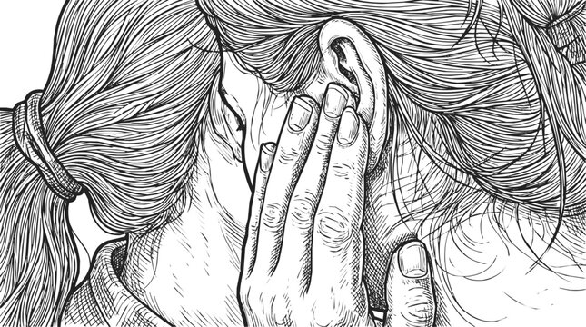 Hand drawn illustration of a woman with an earache or deafness, placing her hand on her ear to represent hearing loss, pain, and health problems.