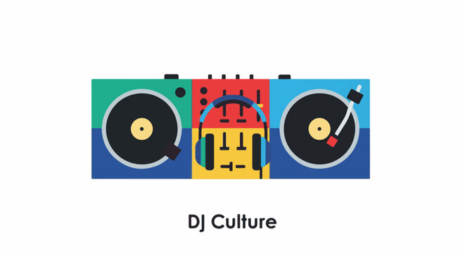 Colorful DJ setup with turntables and headphones, symbolizing music culture