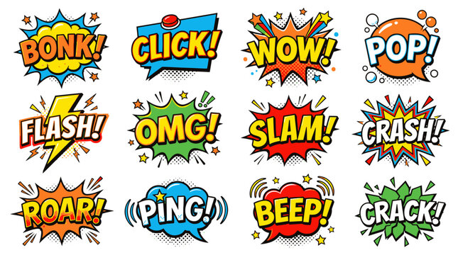 Pop art comic stickers with Wow and Slam words.