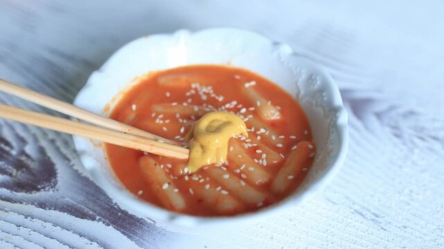 traditional Korean tteokbokki spicy rice cakes with gochujang sauce