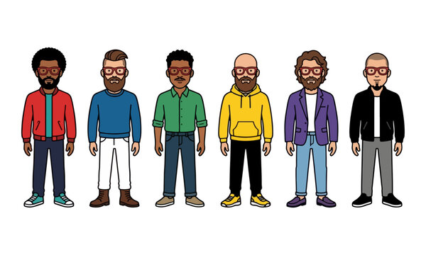 Group of men wearing red glasses and casual clothing