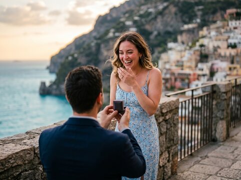 Mulher feliz ao ser pedida em casamento