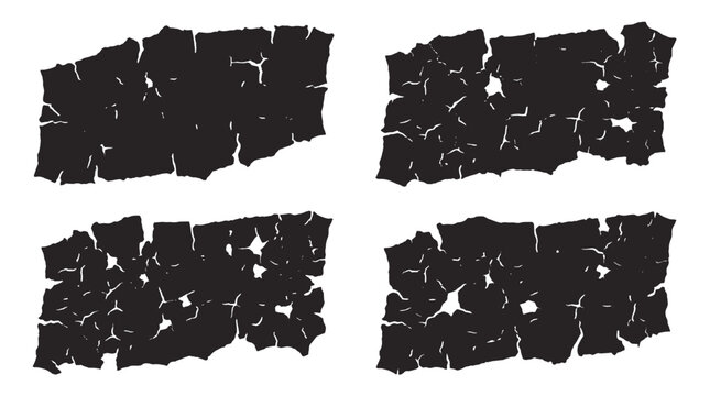 Set of black cracked stone texture rectangles on white
