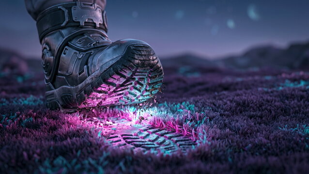 Astronaut boot stepping onto glowing alien flora, leaving vibrant footprint on extraterrestrial surface, symbolizing space exploration and new discoveries.