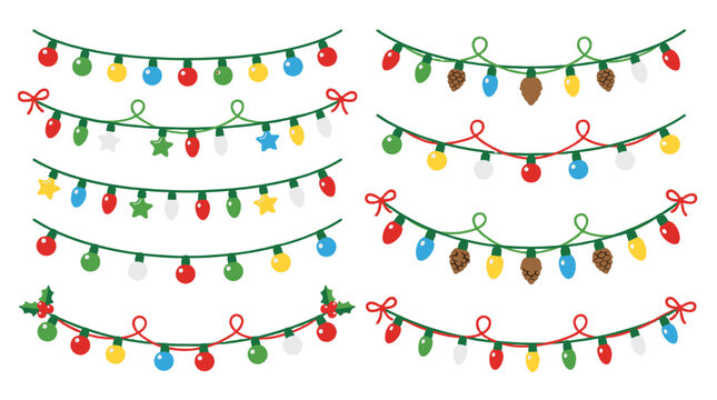 Set of colorful Christmas light garlands and festive string decorations