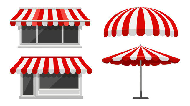 Red and white striped storefront awnings and umbrella vector set