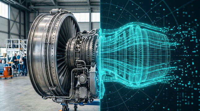 Jet engine digital twin simulation in industrial workshop, aerospace engineering development concept.