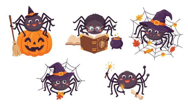 Cute Halloween spider cartoon set with pumpkin, web and magic