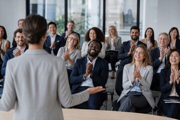 Fototapeta premium Confident businesswoman receiving applause from a diverse audience in a modern conference room setting.