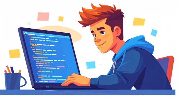 Young programmer coding on a laptop with a cheerful expression.