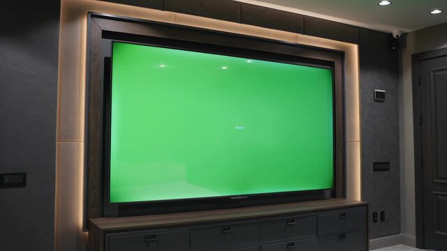 Large modern screen with bright green chroma key for video production, home theater setup