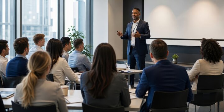 Diverse group of professionals attentively listening to a presentation in a modern conference room setting.
