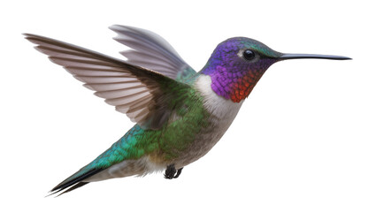Obraz premium Hummingbird with iridescent green body and purple throat in flight