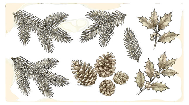 Vintage botanical sketch set with pine branches cones and holly