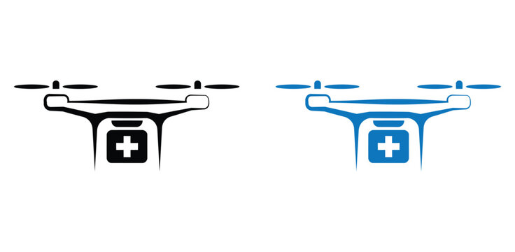 Drone carrying a first aid kit, illustrated in black and blue, symbolizing urgent medical delivery, technological innovation in healthcare, and emergency response.