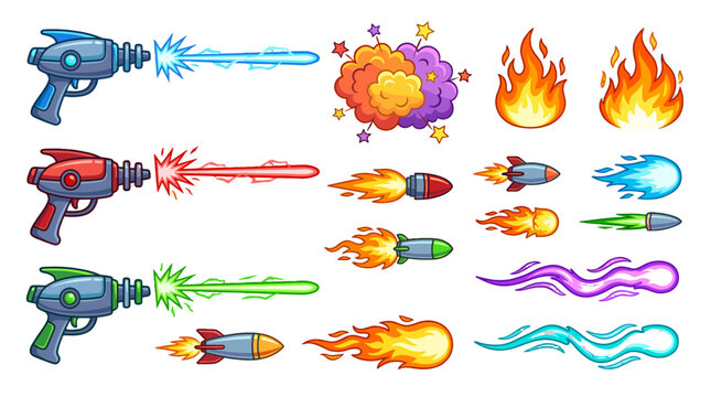 Cartoon sci fi weapons, laser guns, flames and projectile set
