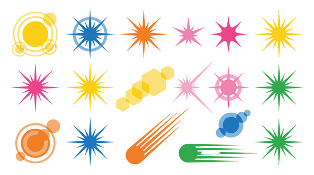 Colorful starburst and comet icon set on white background