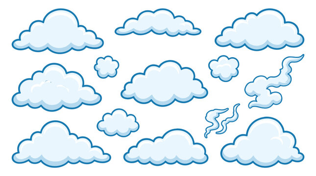 Set of cartoon cloud shapes with blue outlines