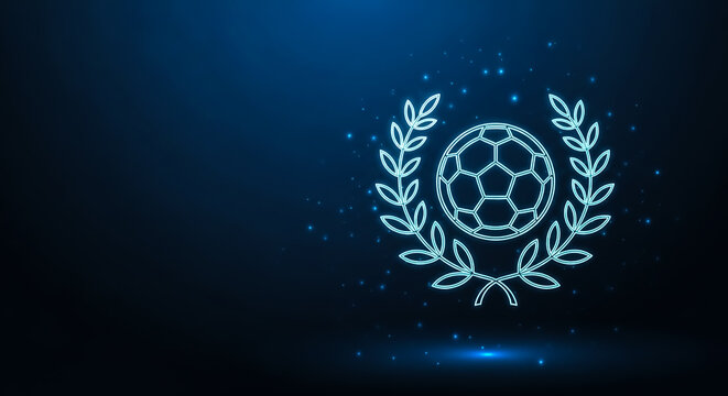 A sleek, futuristic graphic of a soccer ball encased in a glowing laurel wreath, symbolizing victory and sports achievement.