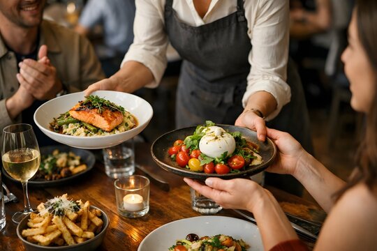 Waiter serve customers with delicious and fresh food at restaurant, people enjoy fine dining